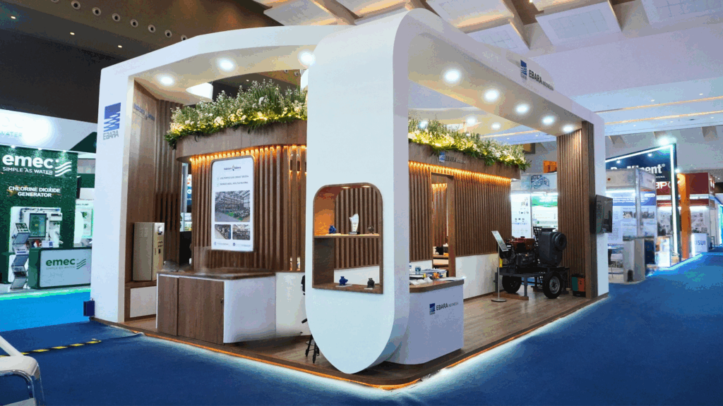 Booth EBARA Indonesia di Indowater 2025 dengan desain modern dan terbuka